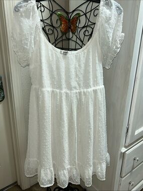 White Swiss Dot Puff Sleeve Casual Babydoll Style Mini Dress